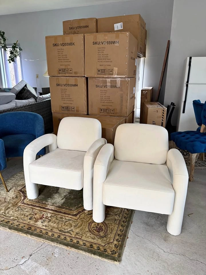 New Cream Velvet Modern Rounded Boucle Armchairs (Pair)