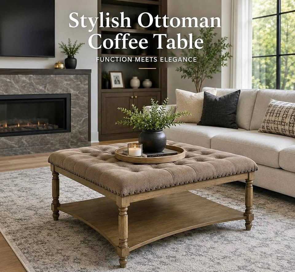 New Tufted Upholstered Ottoman Coffee Table Neutral