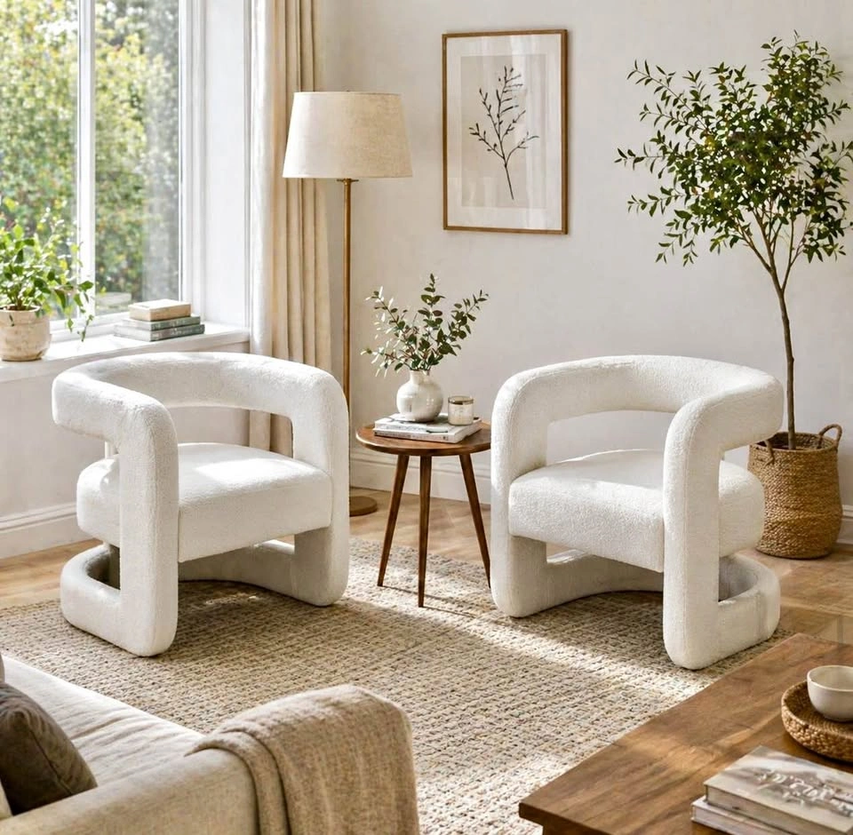2 New White Boucle Accent Chairs