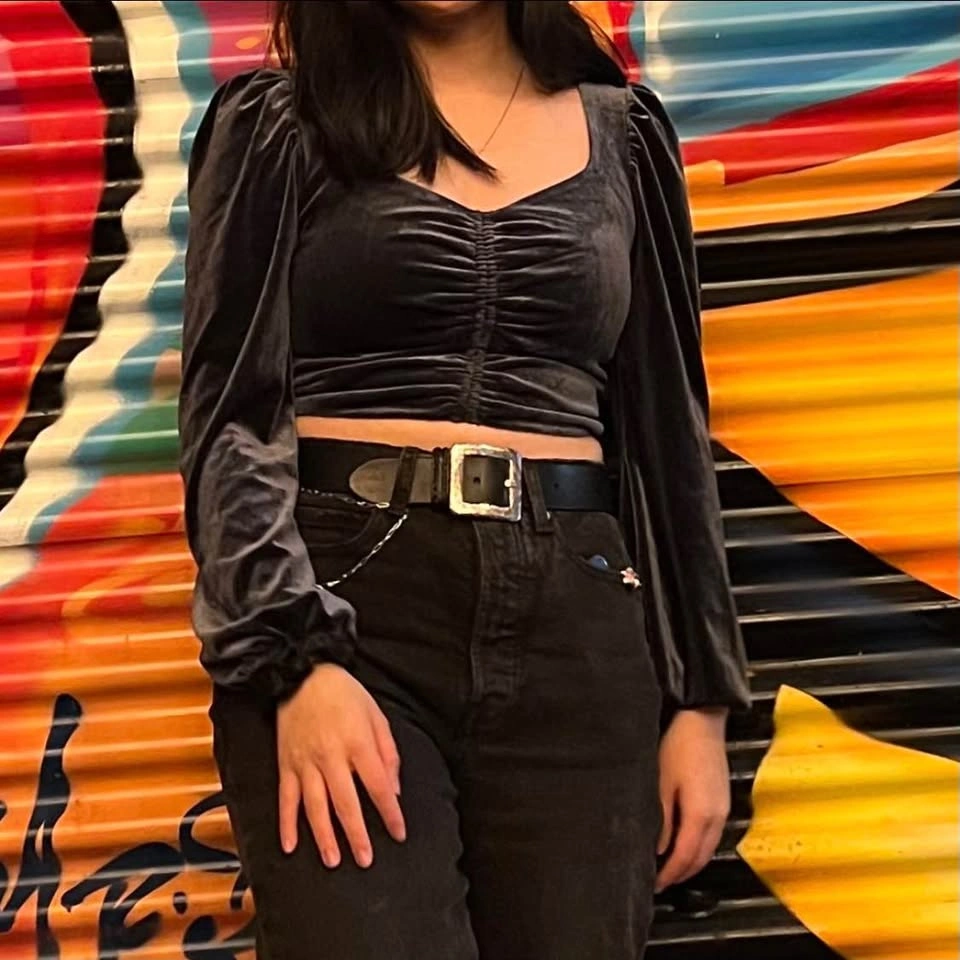 Deep Blue Velvet Crop Top with Puffed Sleeves - photo 2