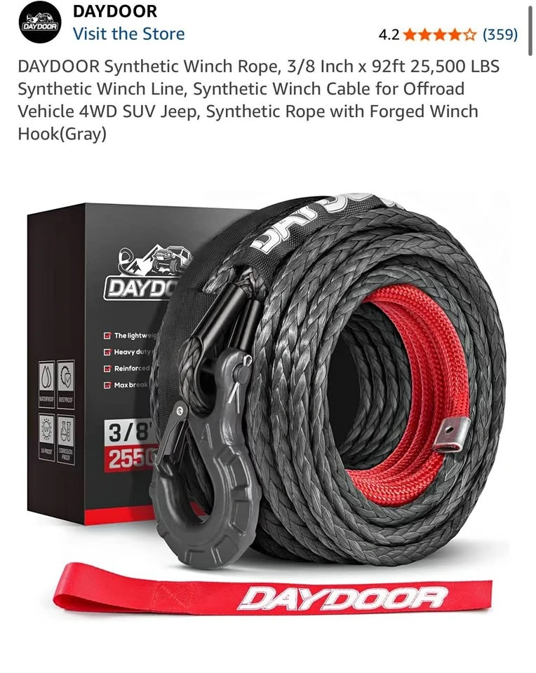 DAYDOOR Synthetic Winch Rope 3/8" x 92ft 25,500 LBS