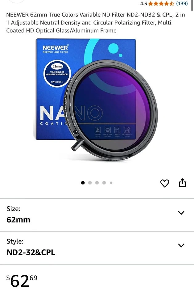 NEEWER 62mm True Colors Variable ND Filter