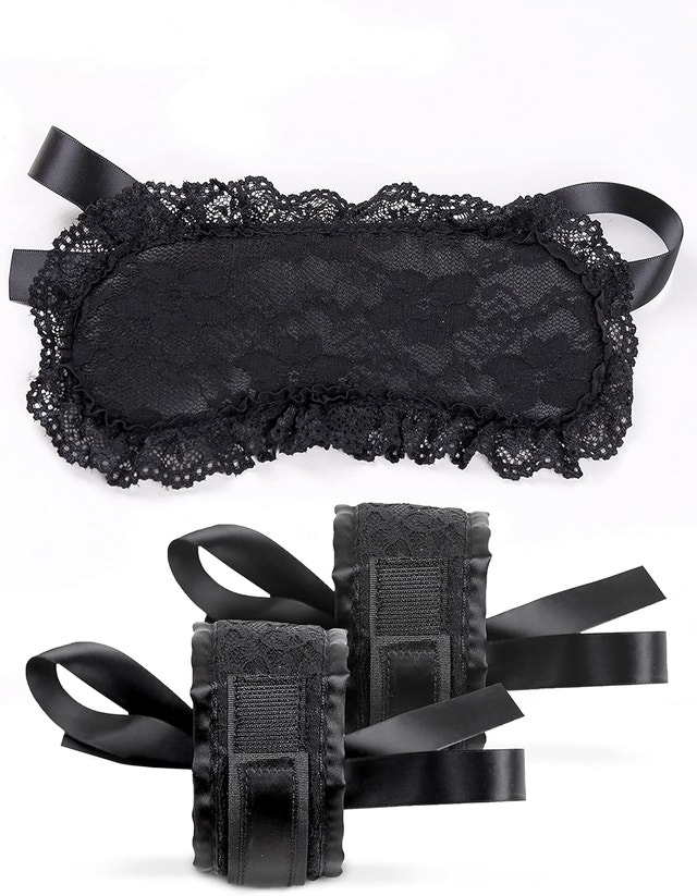 NEW 3Pc Set Black Satin & Lace Sleep Mask Blindfold and Cuffs