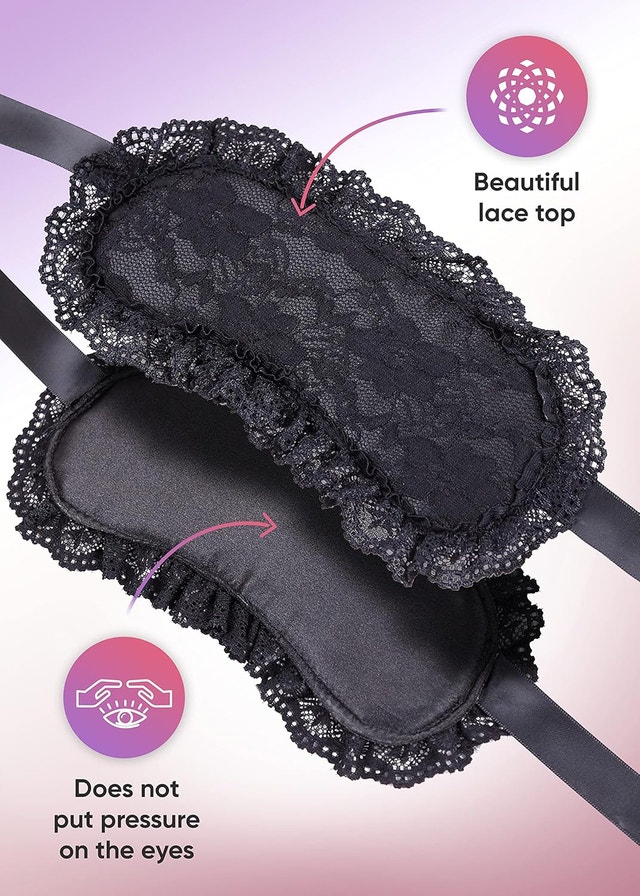 NEW 3Pc Set Black Satin & Lace Sleep Mask Blindfold and Cuffs - photo 2