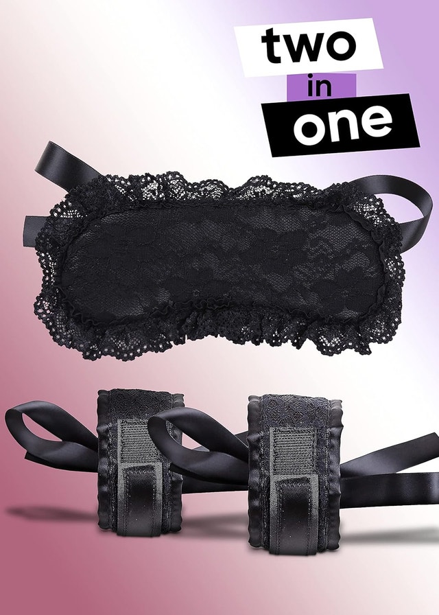 NEW 3Pc Set Black Satin & Lace Sleep Mask Blindfold and Cuffs - photo 3