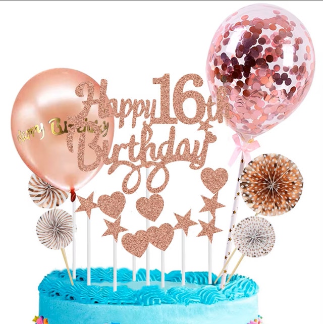 Happy 16th Birthday Cake Decorations Rose Gold Glitter Toppers