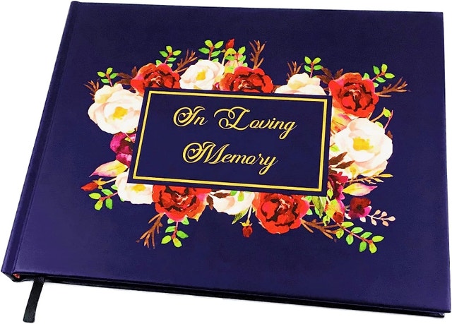 Funeral Memorial Guest Book 9x7 Elegant Floral Navy