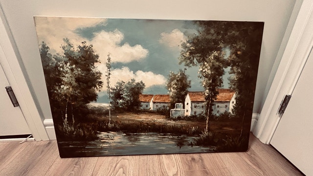 Large Oil Painting on Canvas – Cottage Near the Pond – 36” x 24”