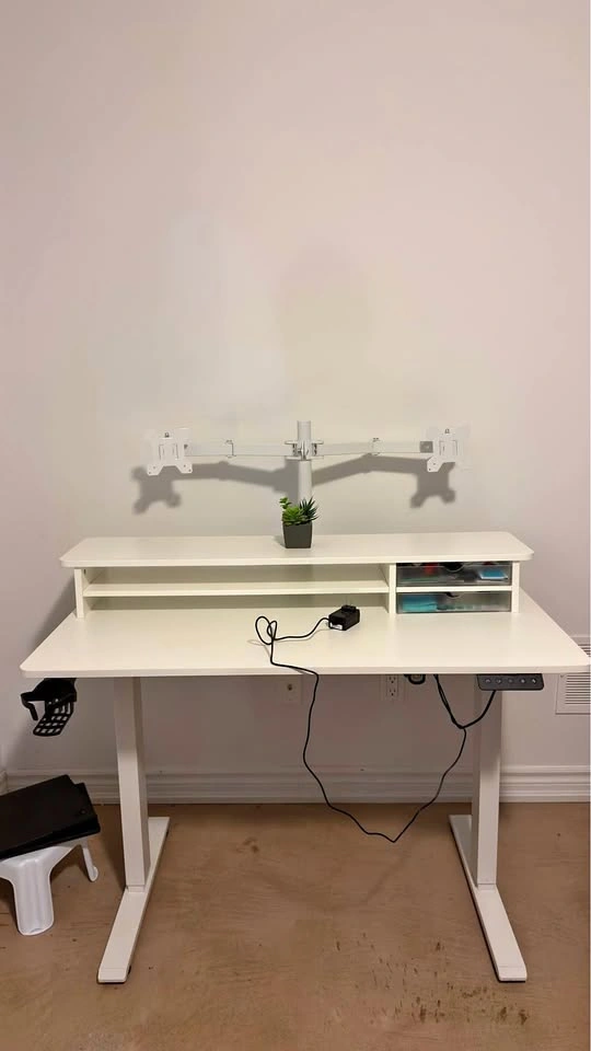 Electric Standing Desk + Monitor Riser + Dual Monitor Arm Mount