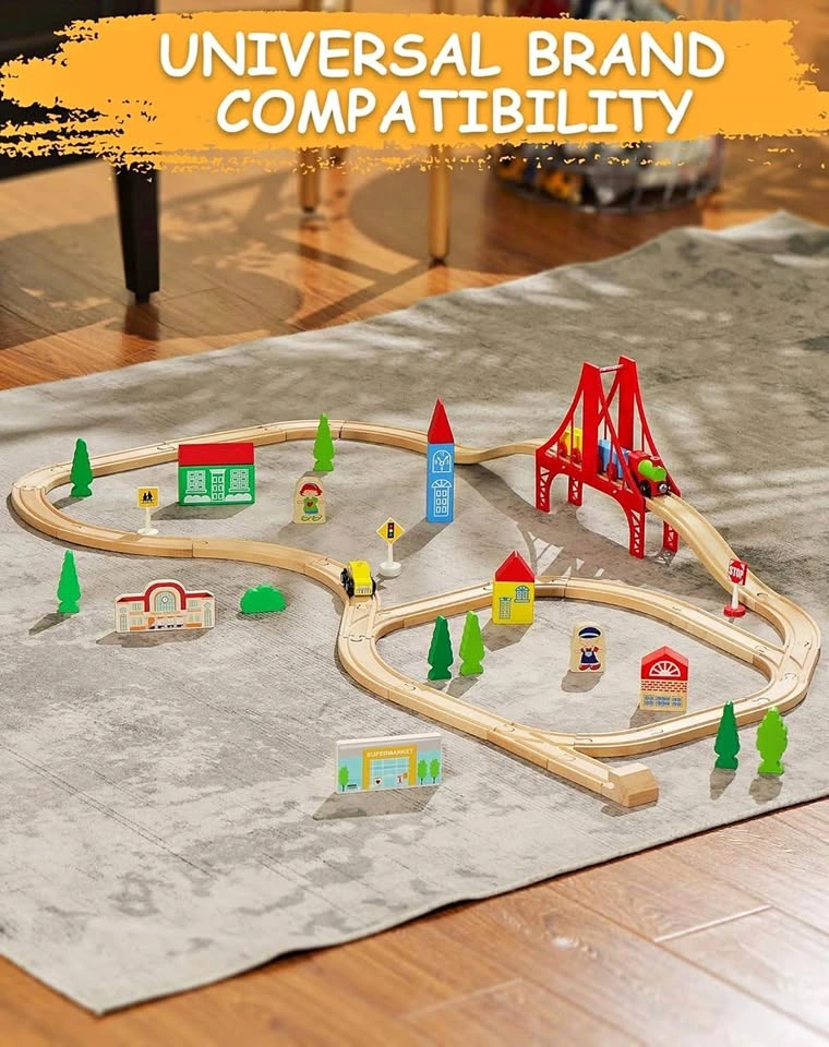 New 52-Piece Wooden Train Track Set by SainSmart Jr.