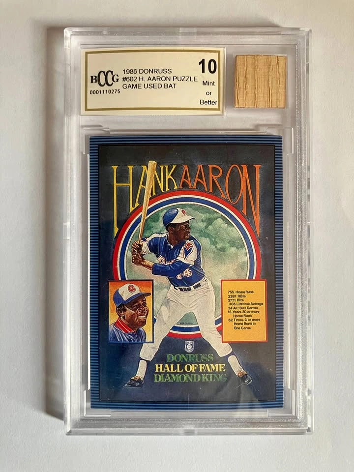 Hank Aaron Card w/ Game-Used Bat Piece - 1986 Donruss #602 - BCC