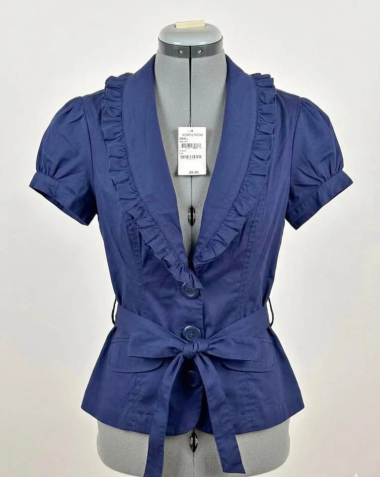 Navy Blue Ruffled Short Sleeve Blazer Small