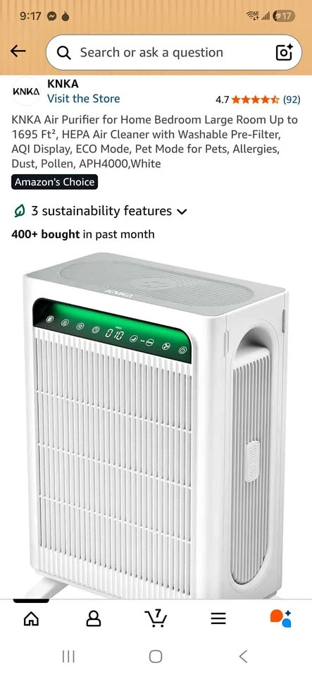 KNKA Air Purifier for Home Up to 1695 Ft², HEPA Air Cleaner