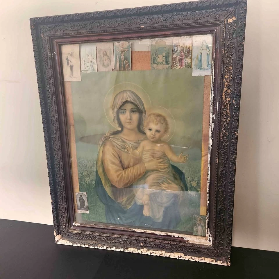 Antique Religious Framed Image – Madonna & Child – Ornate Frame