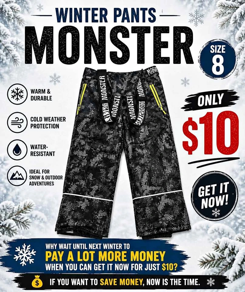 Kids Winter Snow Pants (Size 8) – Warm, Water-Resistant & Only $