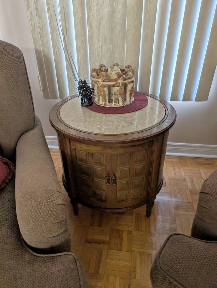 Round Wood Side Table with Stone/Marble Top