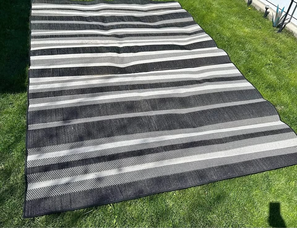 Outdoor Woven Area Rug - Black & White Striped 7'4"x10'8" Hampto