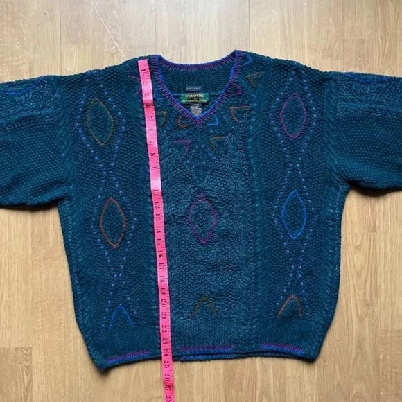 Vintage Deep Blue Geometric Knit V-Neck Sweater - Men's Medium - photo 4