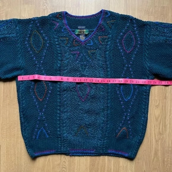 Vintage Deep Blue Geometric Knit V-Neck Sweater - Men's Medium - photo 5