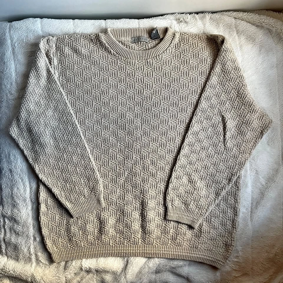 Vintage Beige Textured Knit Crewneck Sweater - Men's L