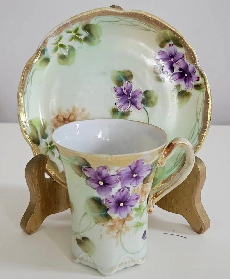 Antique Hand Painted Demitasse & Saucer - Violets