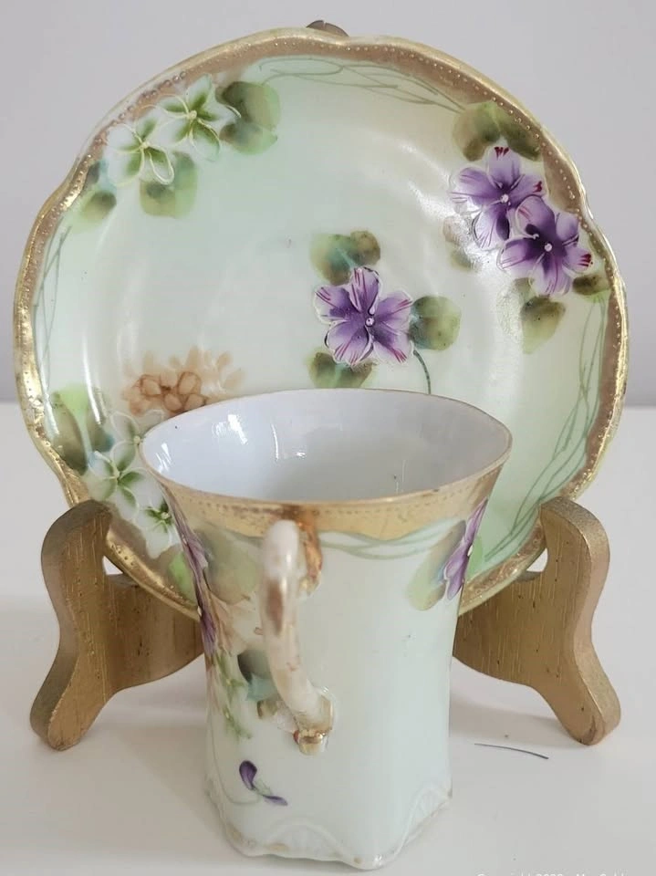 Antique Hand Painted Demitasse & Saucer - Violets - photo 2