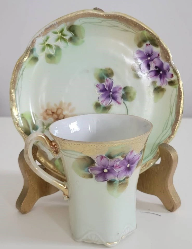 Antique Hand Painted Demitasse & Saucer - Violets - photo 3