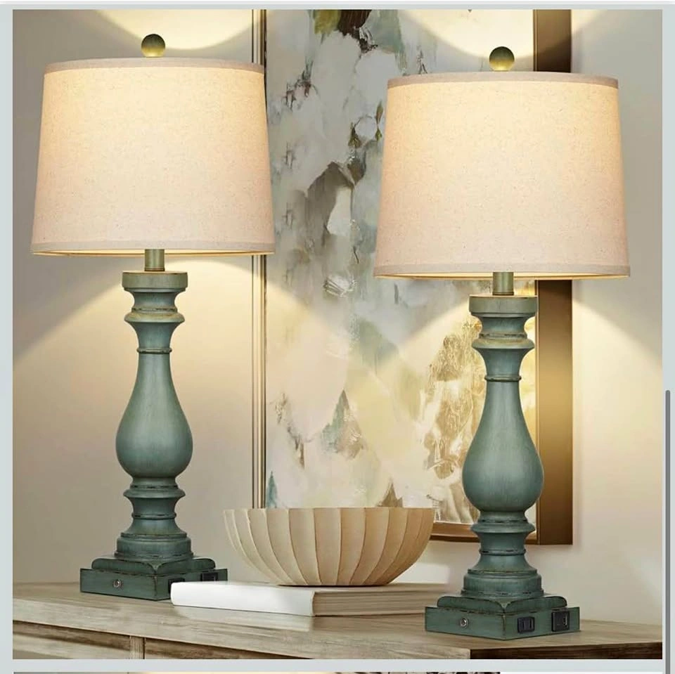 Set of 2: 29" Retro Green Table Lamps with USB & AC Outlet