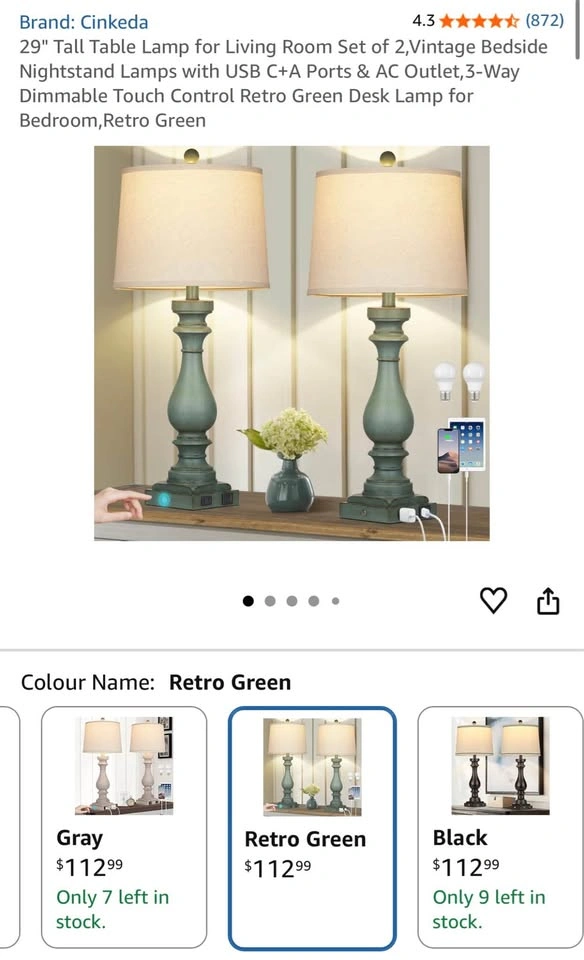 Set of 2: 29" Retro Green Table Lamps with USB & AC Outlet - photo 2