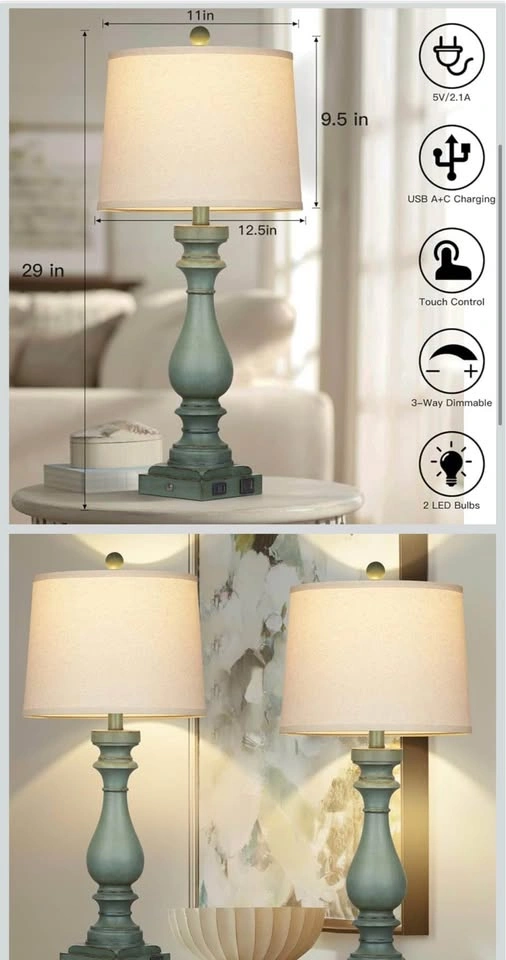 Set of 2: 29" Retro Green Table Lamps with USB & AC Outlet - photo 3