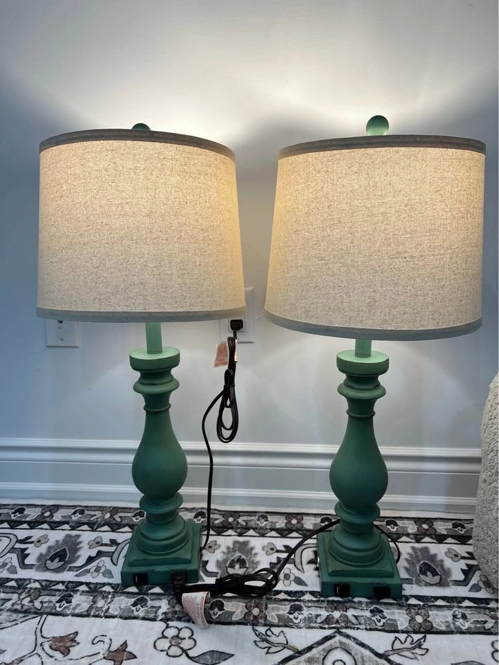 Set of 2: 29" Retro Green Table Lamps with USB & AC Outlet - photo 4