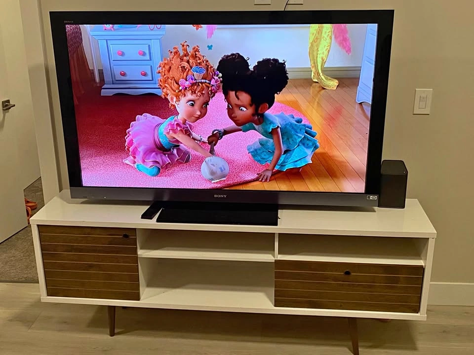 60 inch TV, TV Stand, and Fire Stick