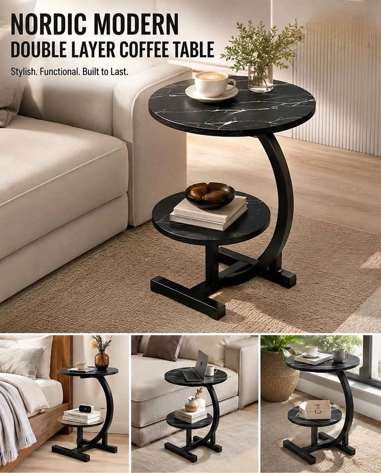 Nordic Modern Double Layer Coffee Table – Black Marble Style Sid