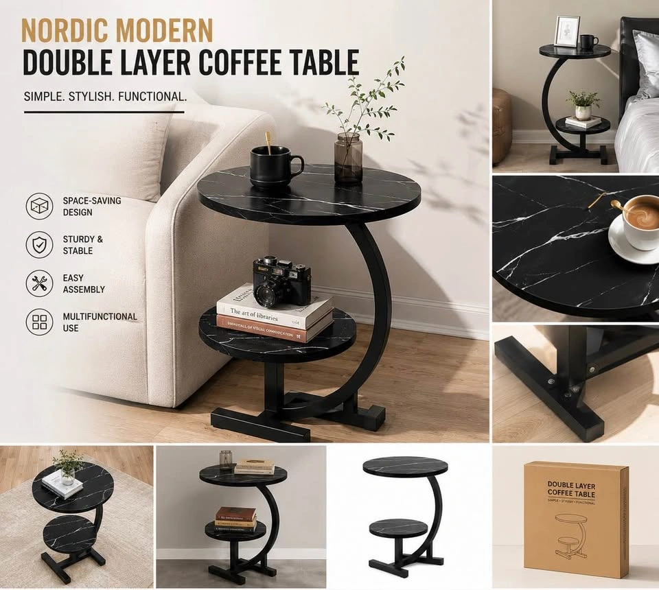 Nordic Modern Double Layer Coffee Table – Black Marble Style Sid - photo 2