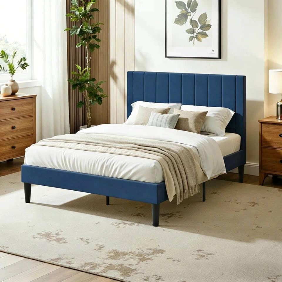 Modern Upholstered Platform Bed – Full Size | Velvet Headboard |