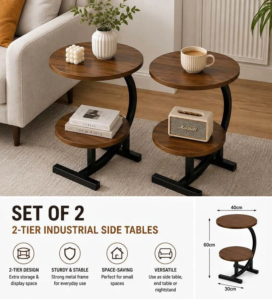 Modern 2-Tier Industrial Side Tables – Set of 2 | Walnut Wood Lo