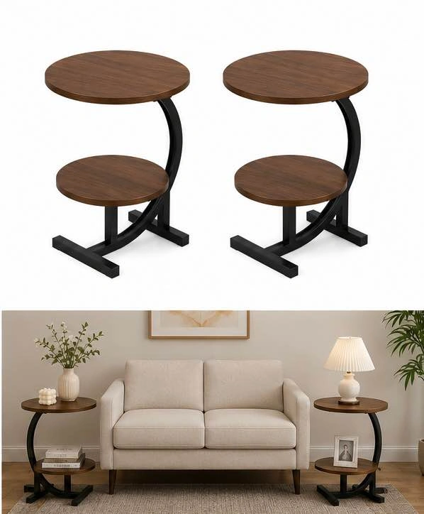 Modern 2-Tier Industrial Side Tables – Set of 2 | Walnut Wood Lo - photo 2