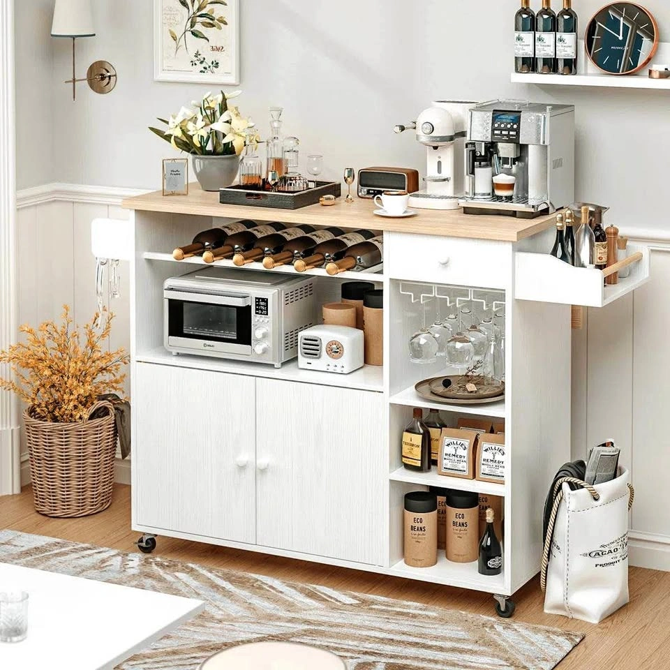Rolling Kitchen Island Cart | Drop-Leaf | Wine Rack | White & Br