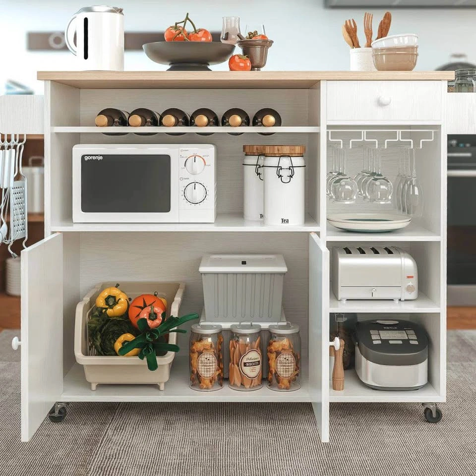 Rolling Kitchen Island Cart | Drop-Leaf | Wine Rack | White & Br - photo 3