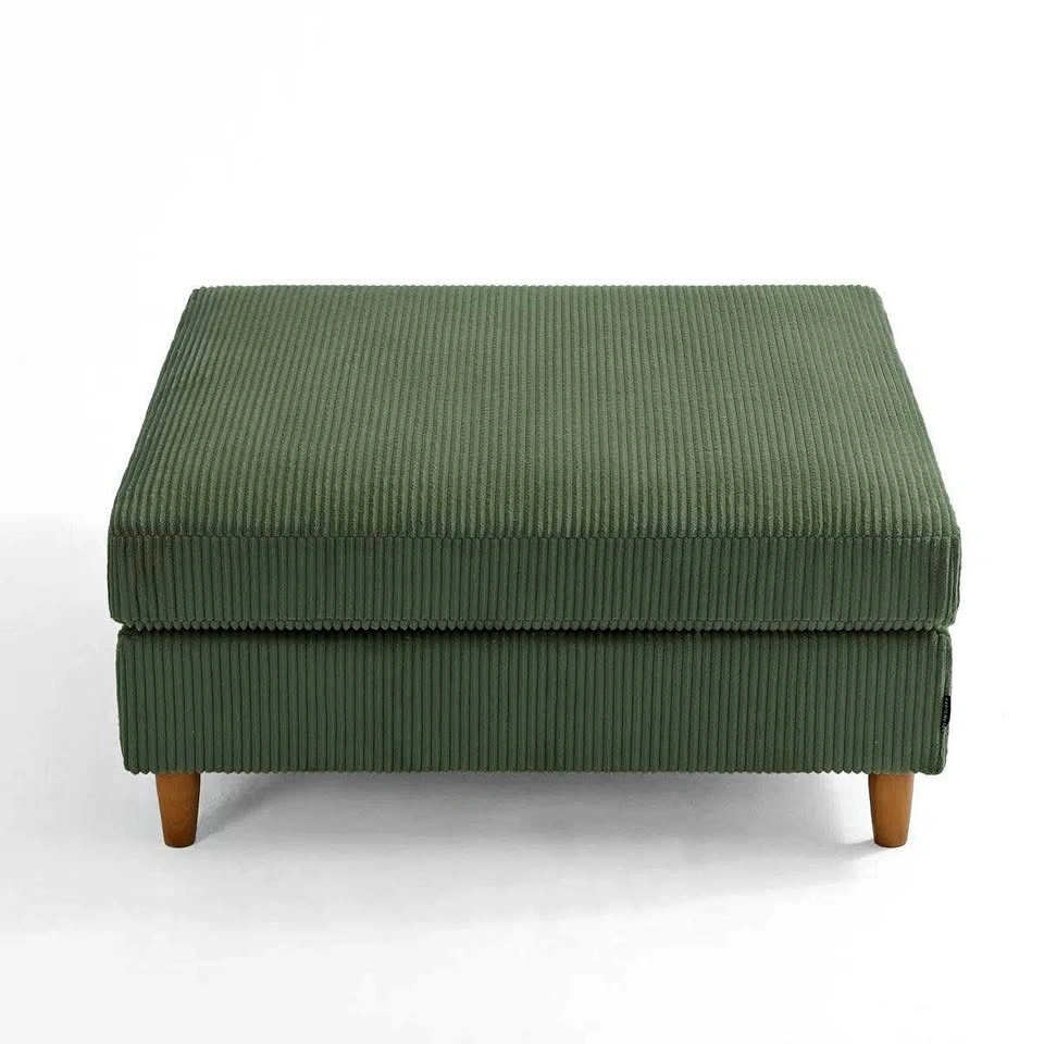 Seemab Corduroy Ottoman - Green | Solid Wood Legs | Modular | Ne