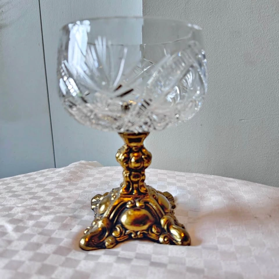 Vintage Cut Crystal and Brass Decorative Flower or Candy Bowl