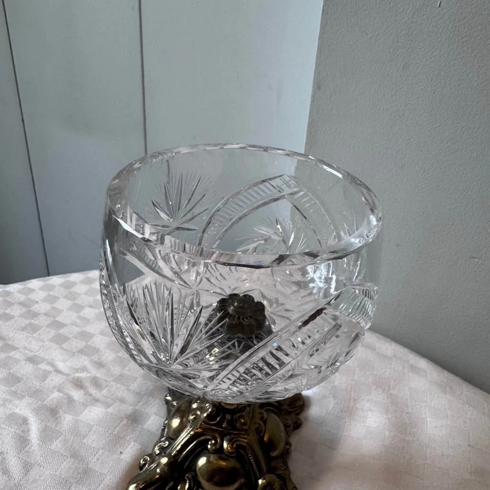 Vintage Cut Crystal and Brass Decorative Flower or Candy Bowl - photo 2