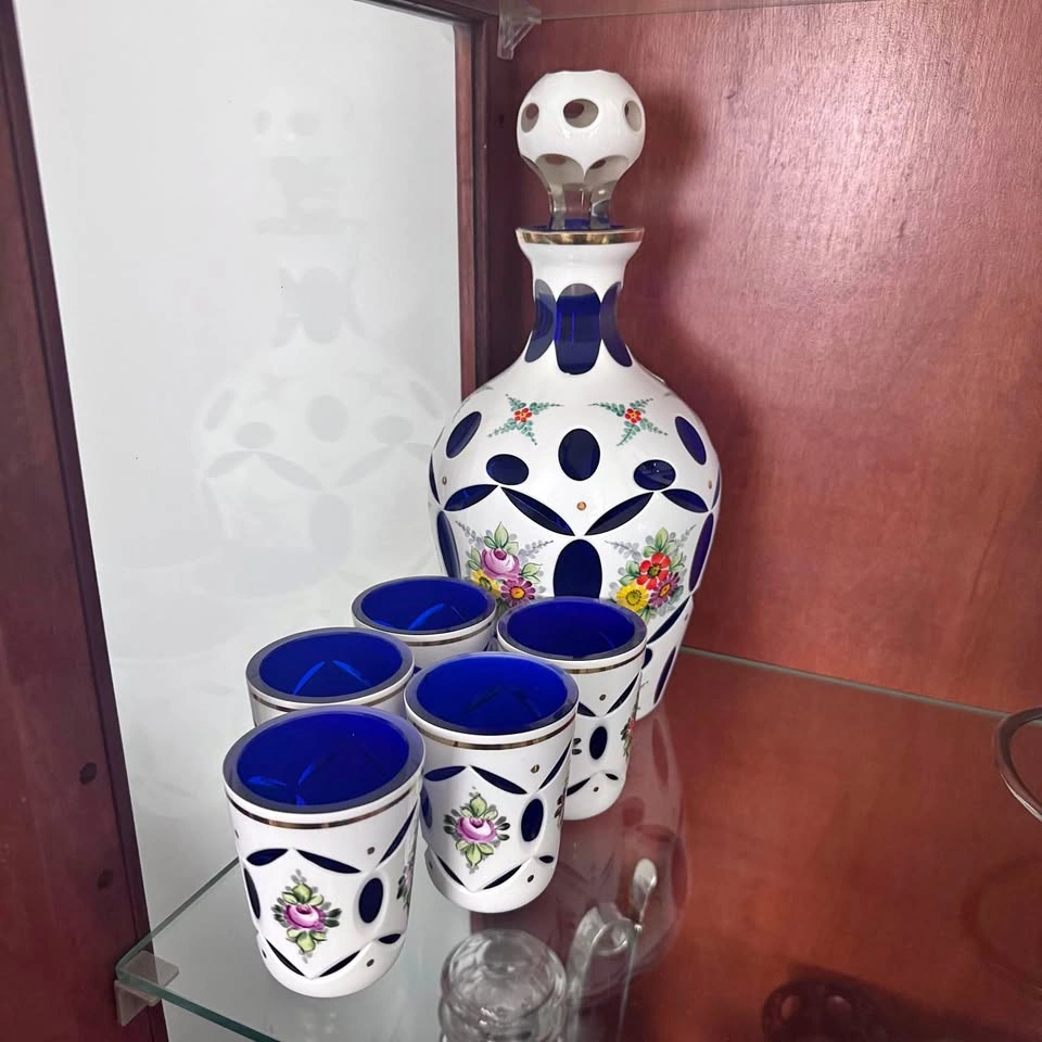 Bohemian Cobalt & White Floral Cut Glass Decanter & 5 Glasses