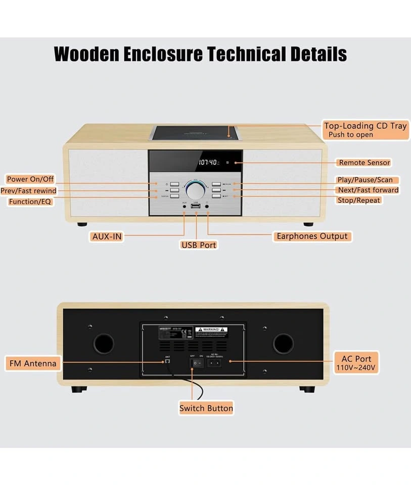 Vintage Wooden Hi-Fi Bluetooth Stereo System with CD Player - photo 5
