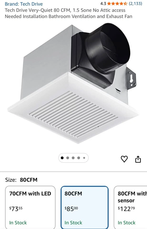 Tech Drive Very-Quiet 80 CFM Bathroom Ventilation Fan - photo 2