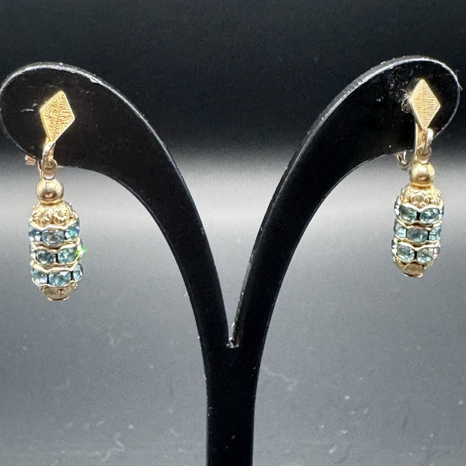 Vintage Dangle Clip-On Earrings with Light Blue Rhinestones
