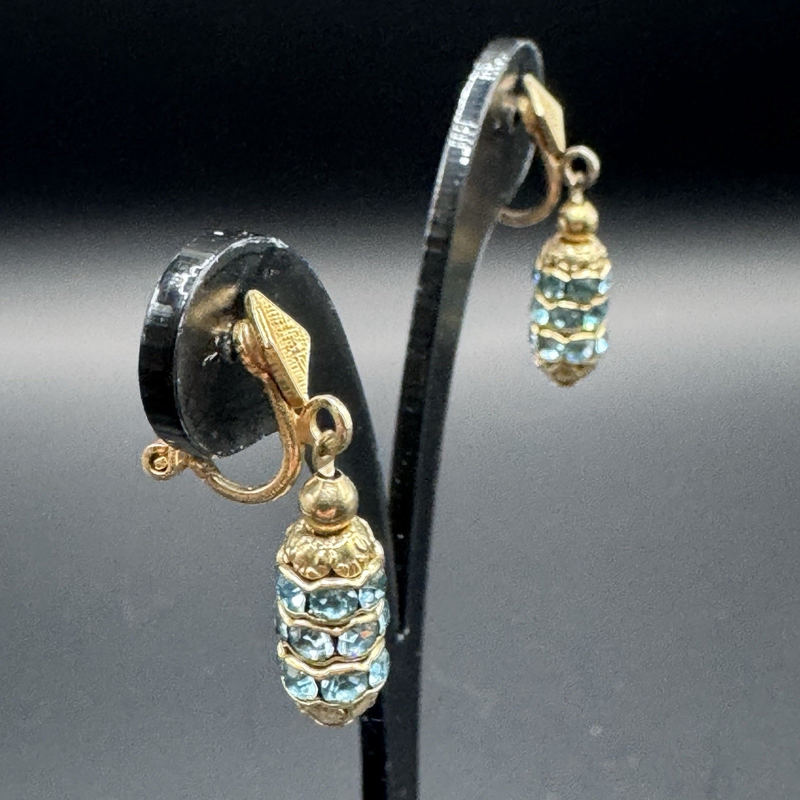 Vintage Dangle Clip-On Earrings with Light Blue Rhinestones - photo 4