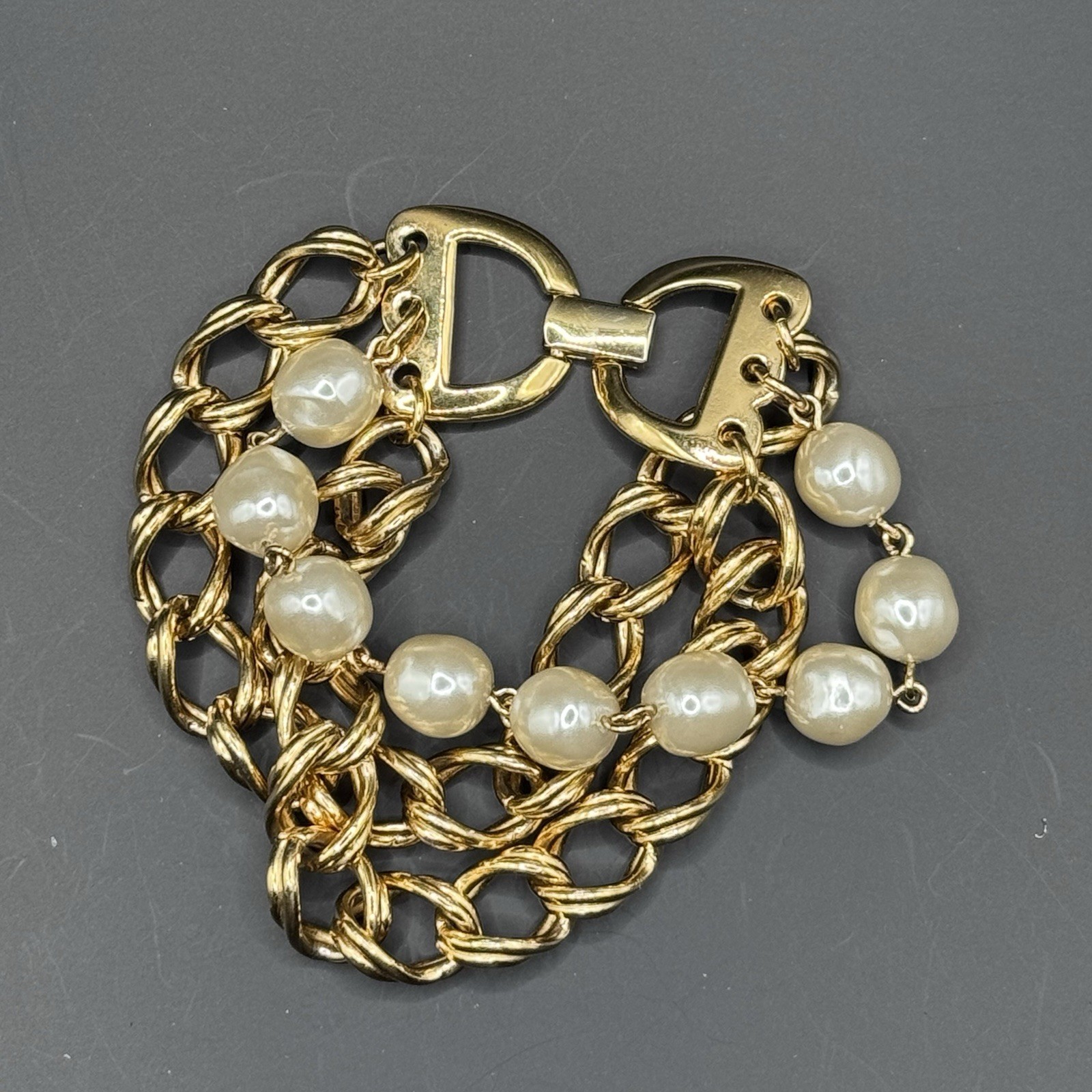 Vintage Signed Napier Gold Tone Faux Pearl Bracelet
