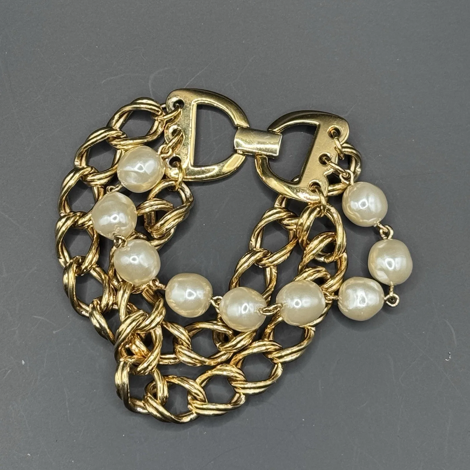 Vintage Signed Napier Gold Tone Faux Pearl Bracelet