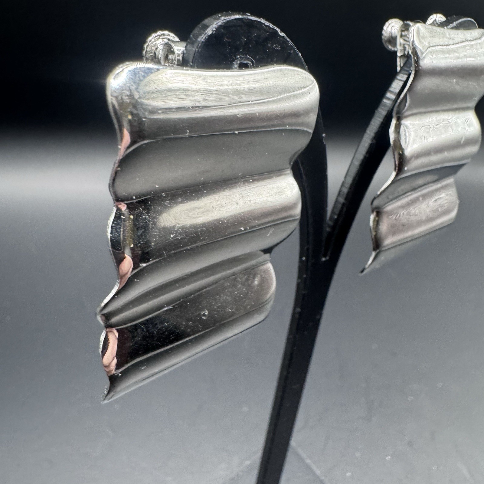 Large Silver Ripple Effect Rectangle Screw Back Earrings